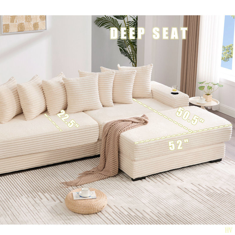 Canapé modulaire en L 110,75 po, canapé modulaire en velours côtelé, avec repose-pieds mobile, porte-gobelets, 8 coussins décoratifs, poche latérale, déplier dans un lit