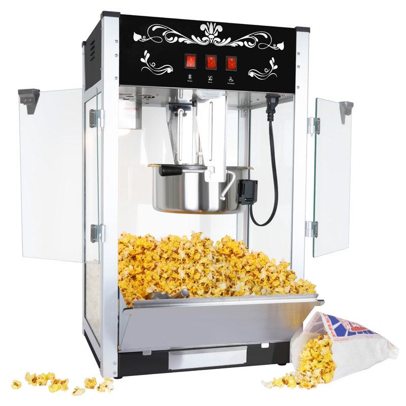 Machine à popcorn professionnelle 450 g (16 oz) - 45,7 x 38 x 76,2 cm (18 x 14,96 x 30 pouces) - Acier inoxydable - 1 pièce - Noir - 1450 W - Cuve de 450 g (16 oz) - 80 tasses - Porte en verre trempé