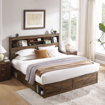 Farmhouse King Size Bed Frame With Charging Station And LED Light, Wooden Storage Bed With 52" Tall Storage Bookcase Headboard & 4 Drawers