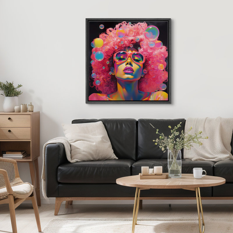 Élégance, cheveux roses, fille, portrait, mode, style BCBG, impression sur toile encadrée, Cadre noir, H 16 po x l 16 po