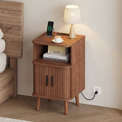 2 Pack Nightstand Set with Charging Station, Mid-Century Modern Fluted Bedside Table with Sliding Shutter Door, Wooden Bedside Table with Storage for Bedroom, Living Room, Walnut