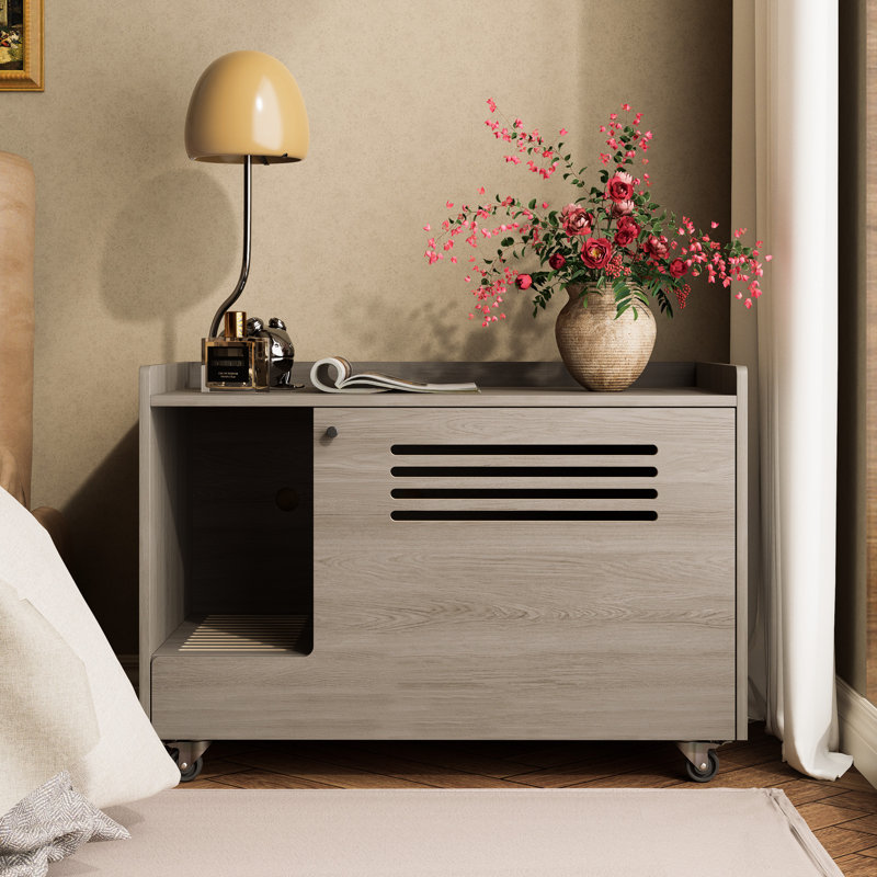 Gray Cat Litter Box Furniture With Top Fence, Can Serve As Coffee Table, Silent Wheels For Easy Movement, Ventilation Grille Odor Control, Built - In Mat A Cleaner Environment Modern Functioning Side