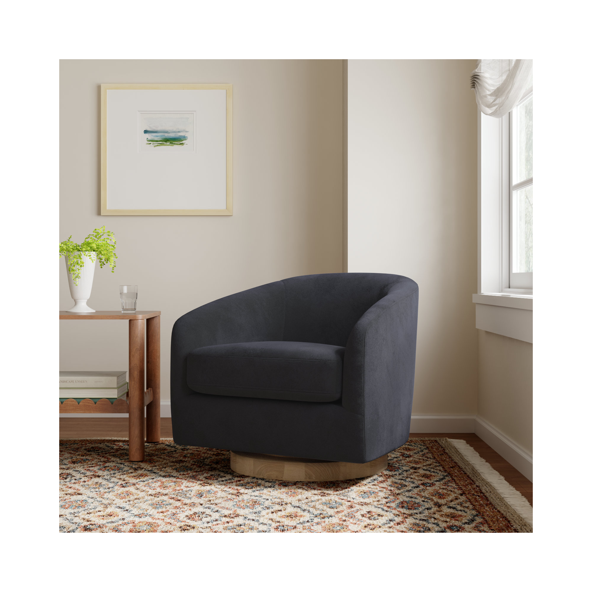 Bennett Upholstered Swivel Barrel Chair, Bella Asphalt Performance Velvet