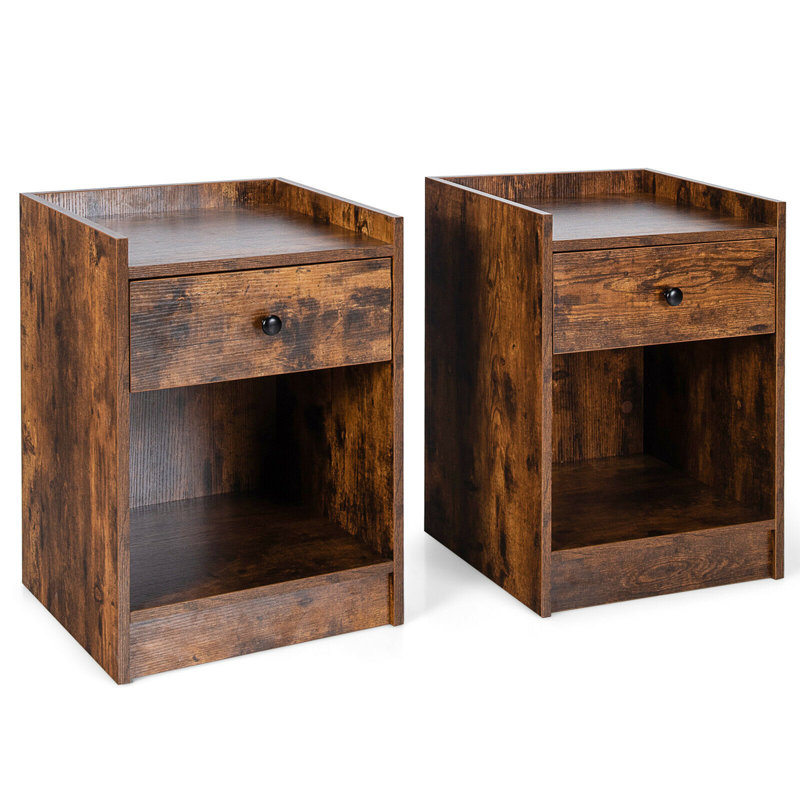 Wooden Nightstand with Drawer Cabinet End Side Table Raised Top, Set of 2, Rustic Brown