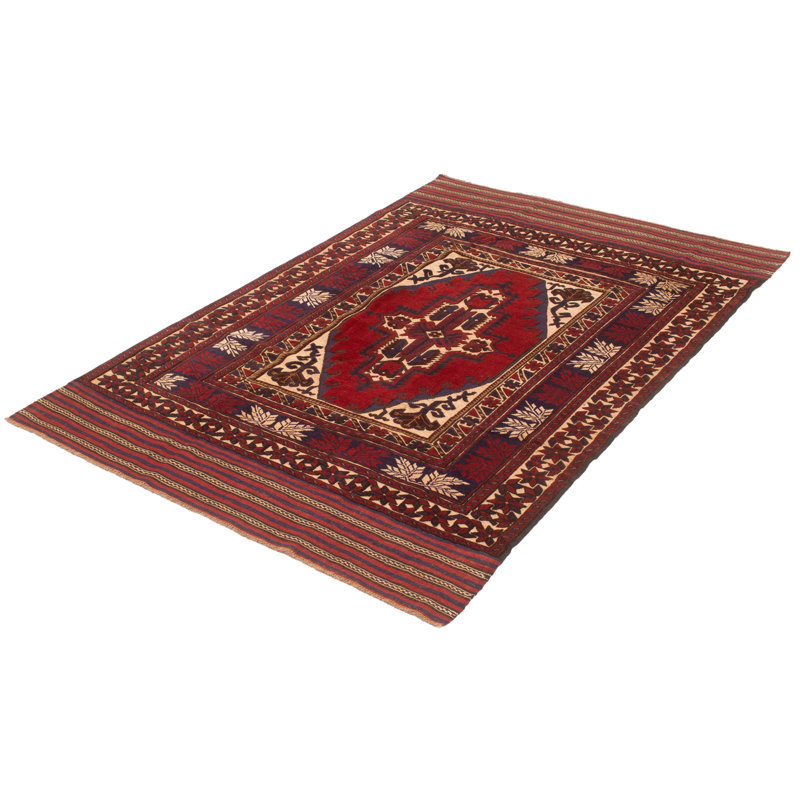 Tapis rouge foncé noué à la main de conception unique 6 pi 3 po x 9 pi 2 po Joelma
