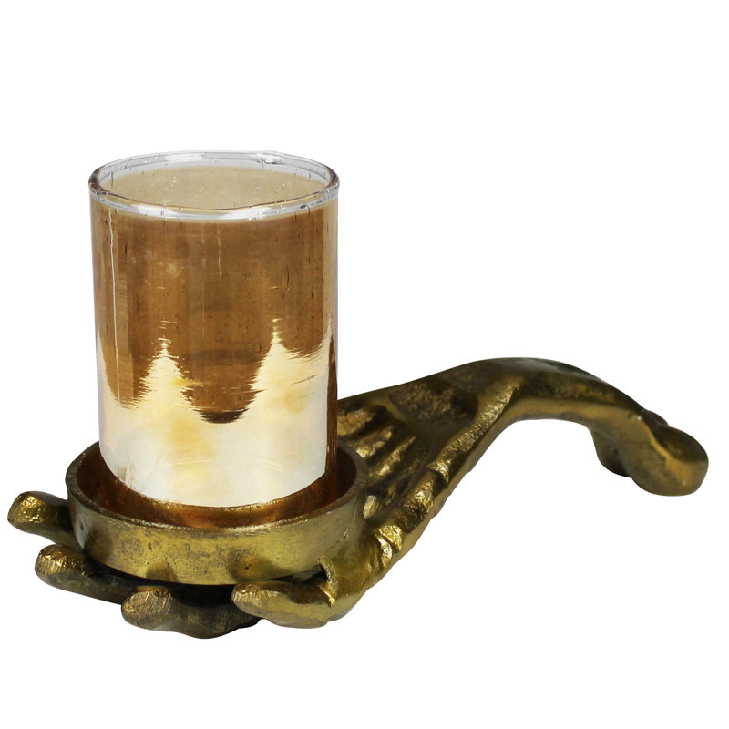 Skeleton Hand With Glass Votive, Brass
