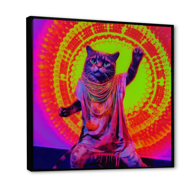 Chat Rave en néon rose - imprimé, H 16 po x l 16 po x P 1 po, Cadre flottant noir