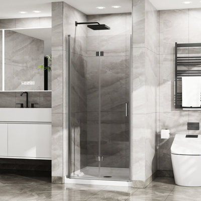Glass Shower Door 34"x 72". 1/4" Tempered Clear Pivot Swing. Foldable, Contemporary. To Rust & Corrosion. Waterproof Sealants. 180° System. Install On Either Side Of Wall 72" Door. Finish. Foldable