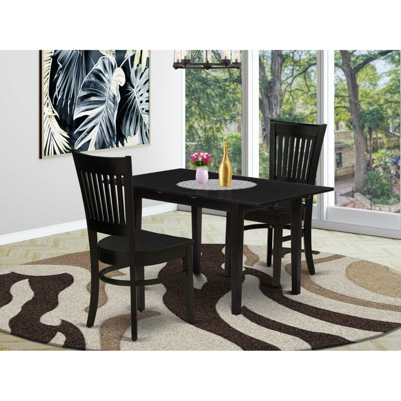 3-Piece Linen White Finish Rectangular Solid Wood Top With Butterfly Leaf Dining Table Set, Black, Black