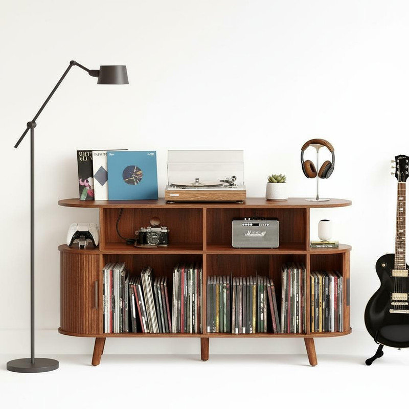 55 inch Record Player Stand with Storage and Charging Station, Large Round Vinyl Record Cabinet, Mid-Century Modern Turntable Stand with USB Ports & Power Outlets for Living  Room, Bedroom