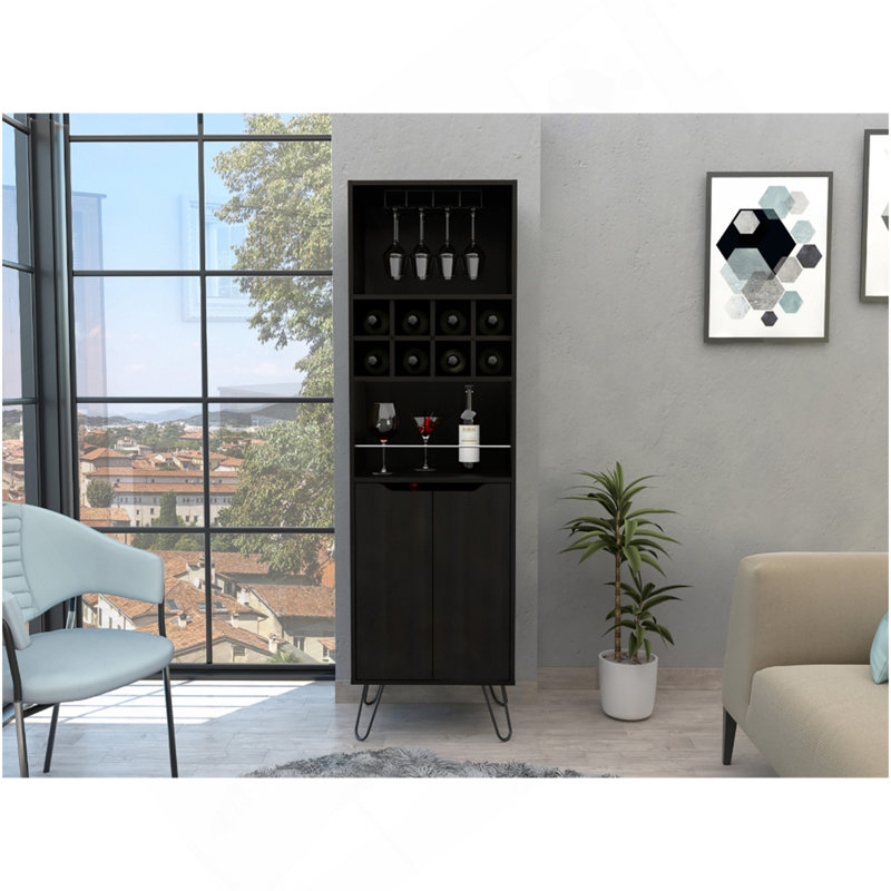Buffet Manhattan Talll, huit porte-bouteilles encastrés, deux armoires avec porte simple - noir