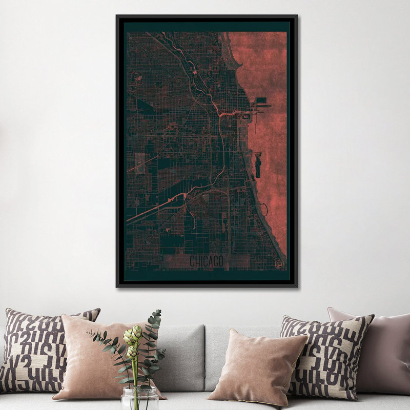 «Chicago Infrared Urban Blueprint Map», reproduction d'impression sur toile, H 48 po x l 32 po x P 1,5 po, Pas de tapis