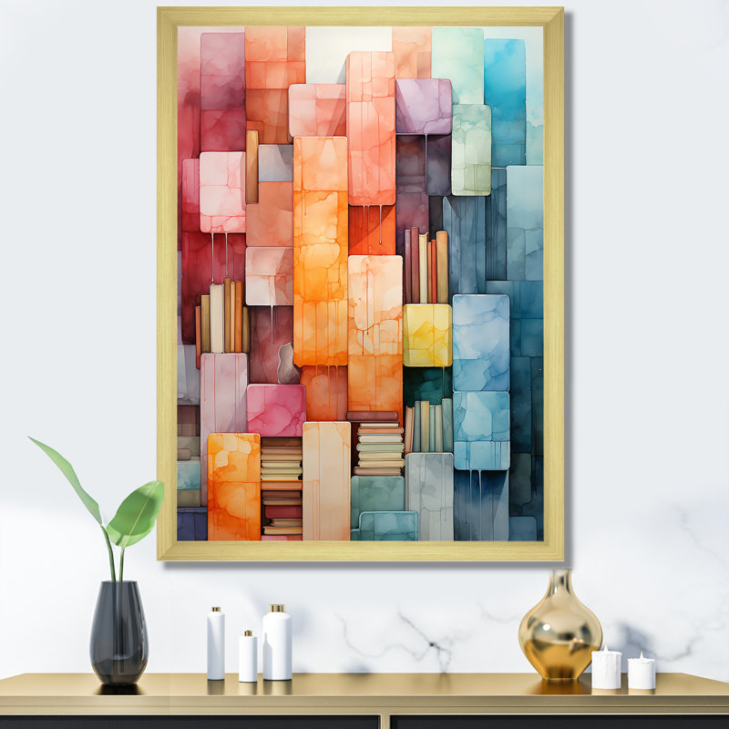 Décoration murale colorée minimaliste cubique - Collages abstraits, H 40 po x l 30 po x P 1,5 po, Cadre doré simple