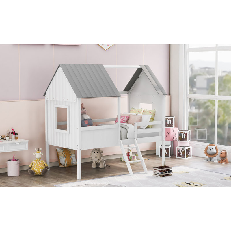 Charmant lit mezzanine simple en bois avec fenêtres latérales