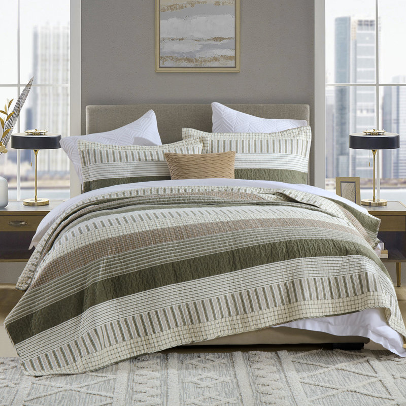 Ensemble de courtepointe 100% coton 98 po x 90 po DDUOXIN - 1 courtepointe avec 2 taies décoratives, Gris foncé / Vert