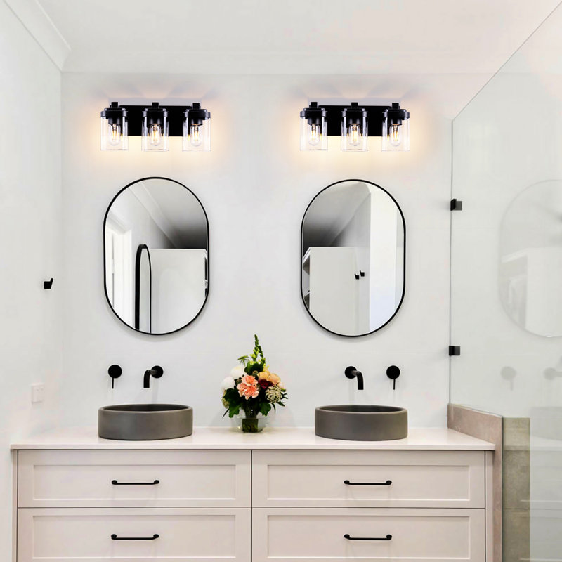 3 lumières de meuble-lavabo de salle de bain noir mat, douilles E26 et base très large pour un éclairage mural stable avec cadre en verre transparent, miroir de galerie d'art idéal dans le couloir