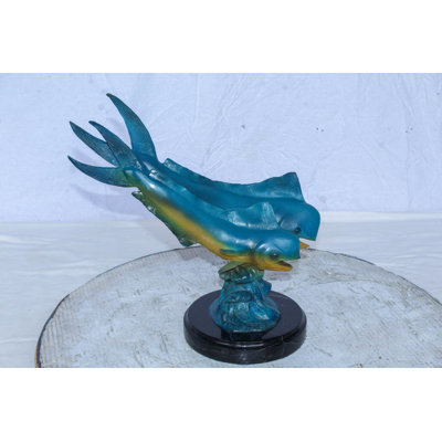 Statue bronze bronze poisson dauphin sur fond de marbre 15 po x 7 po x H 13 po