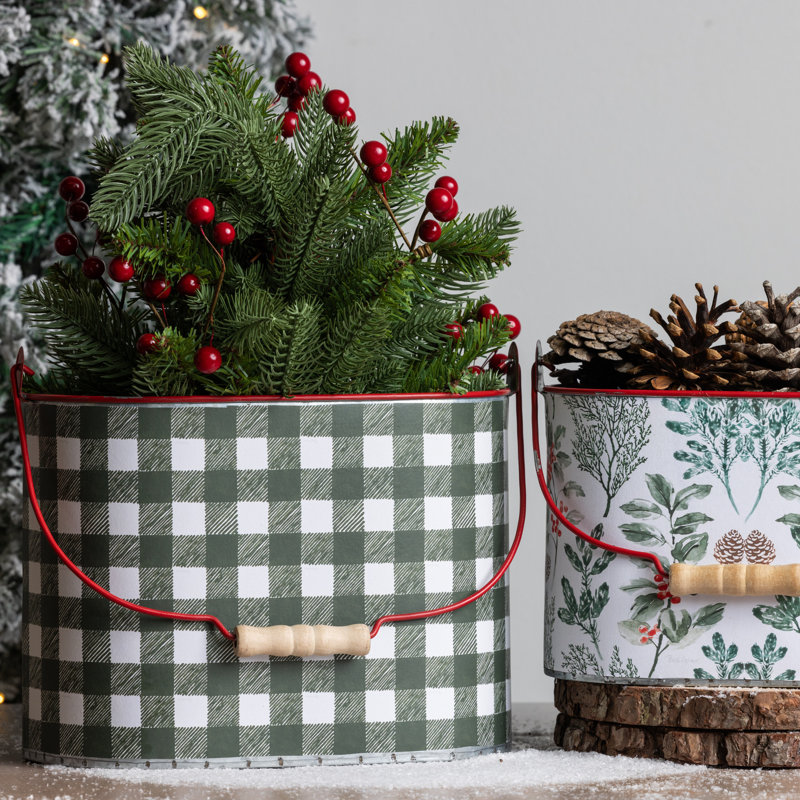Set of 2 Metal Plaid Storage Buckets Multicolored Decorative Objects and Sculptures for Indoor Use Perfect for Tabletop Decoration Gift Giving and Hostess Gifts Stylish and Functional Storage Solution