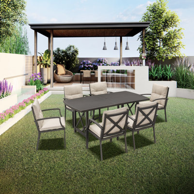 Ensemble repas d'extérieur 7 pièces, table de patio en aluminium et chaises avec trou de parasol 2,2 po Seehill, ensemble repas d'extérieur pour 6 avec coussins, ensemble de mobilier de patio pour terrasse, jardin, cour arrière, bronze