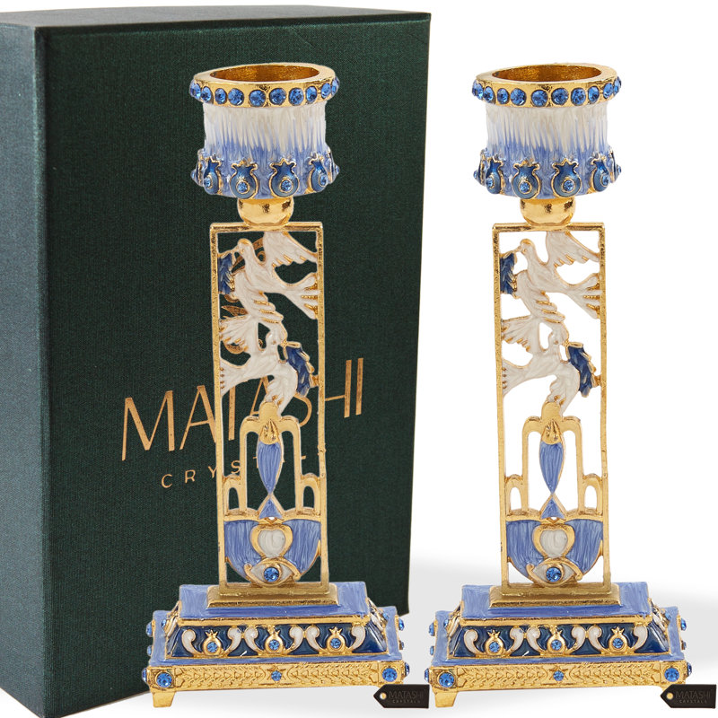 Matashi Shabbat Candlestick Holder (2-piece Set) Hand-painted, Gold-plated Pewter Tall, Vintage Craftsmanship Adorned W/ Doves Personal, Religious Enjoyment (blue)
