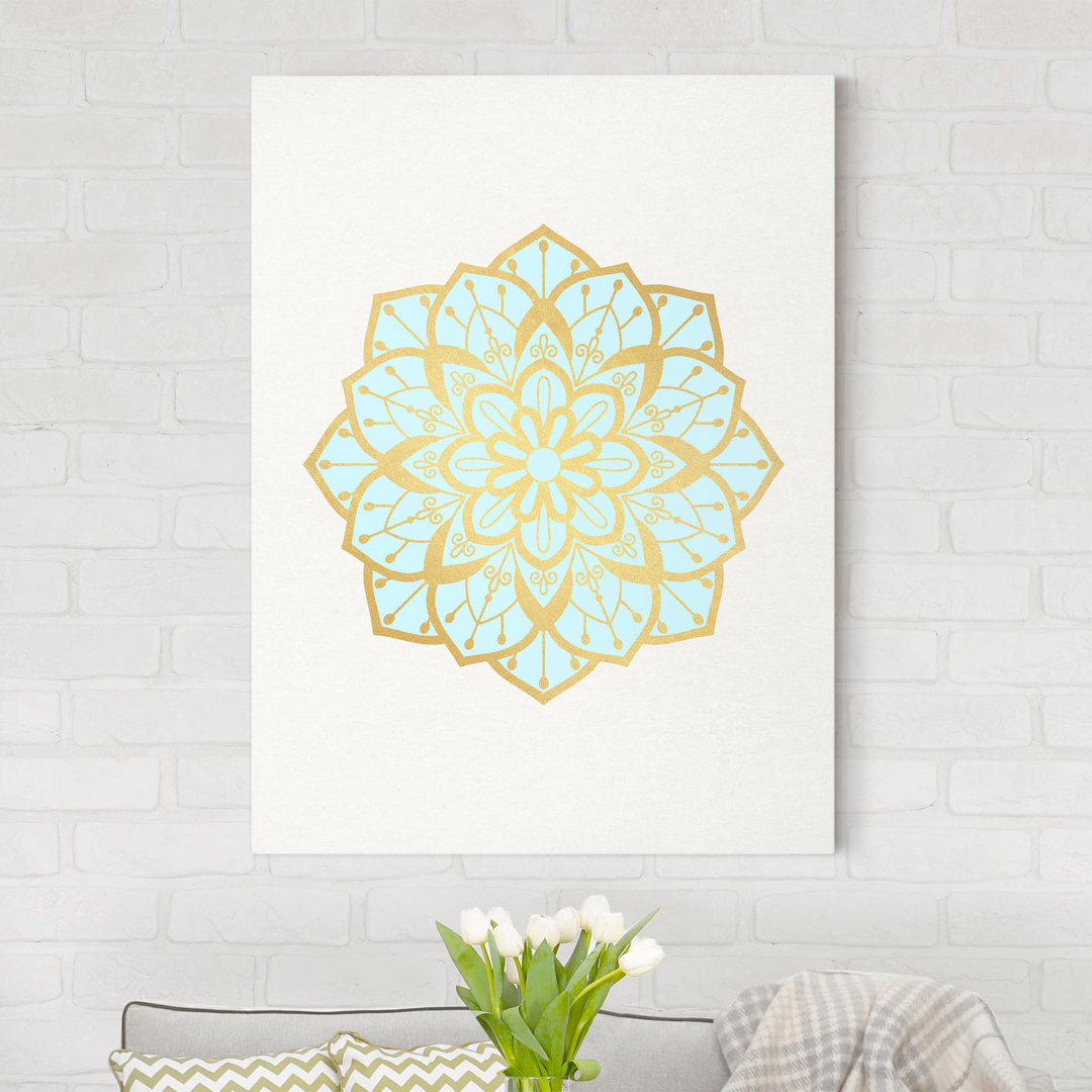 Leinwandbild Mandala Blütenillustration Blüte in Hellblau & Gold