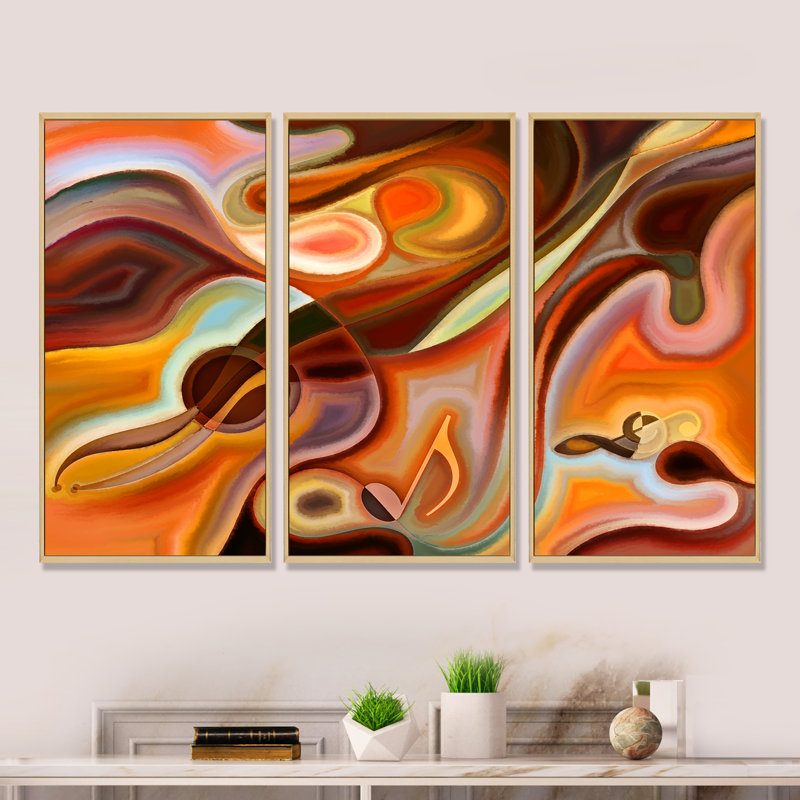 Music Dreams - Ensemble de 3 reproductions d'art encadrées sur toile abstraites, H 20 po x l 36 po x P 1 po, Brun