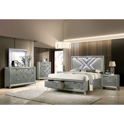 Table de chevet 2 tiroirs avec bordure miroir, argent