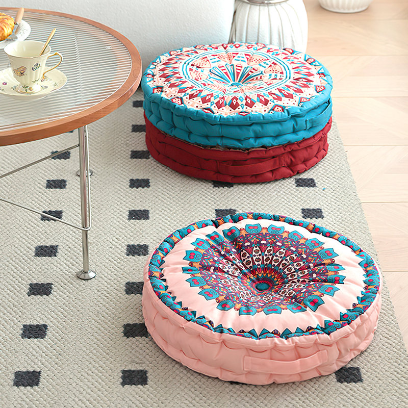 Round Bohemian Tatami Seat Cushion, Green/Beige
