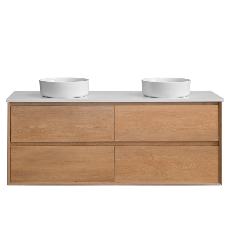 Meuble-lavabo mural de 60 po avec lavabo vasque en céramique, armoire de salle de bain murale avec plateau en quartz blanc