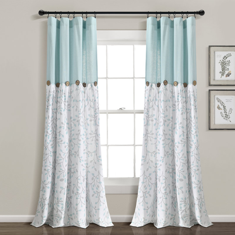Linen Button Botanical Garden Cotton Blend Semi Sheer Curtain Single Panel, Blue