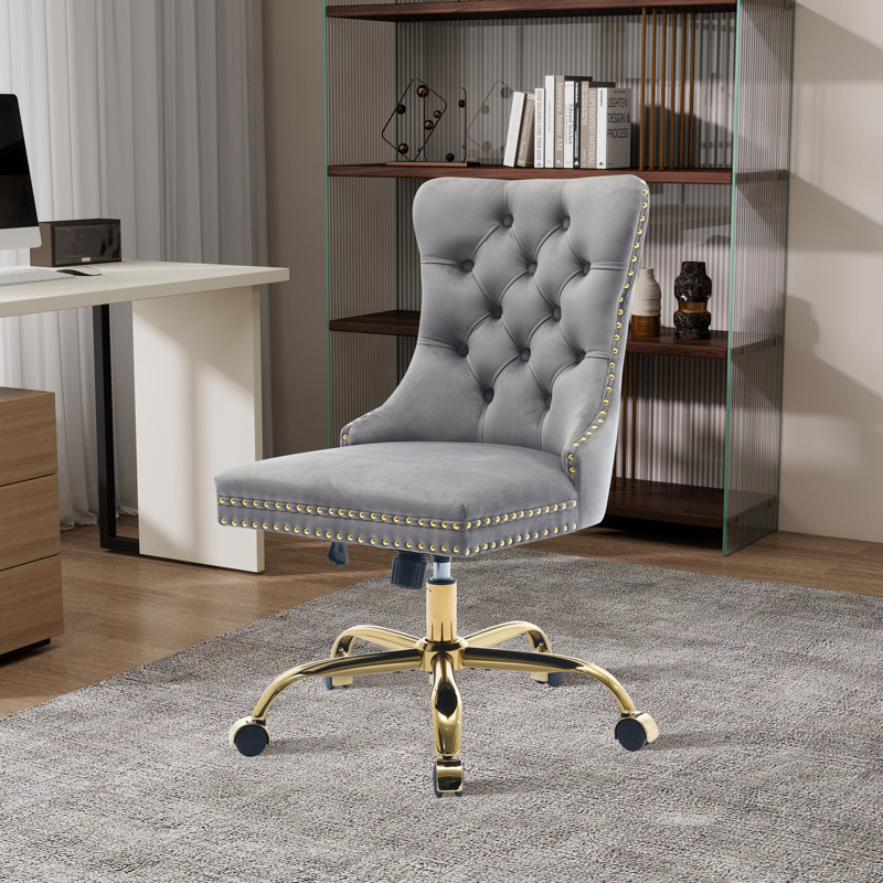 Furniture Office Chair,Modern Velvet Upholstered Tufted Button Office Chair With Golden Metal Base,Adjustable Desk Chair Swivel Office Chair