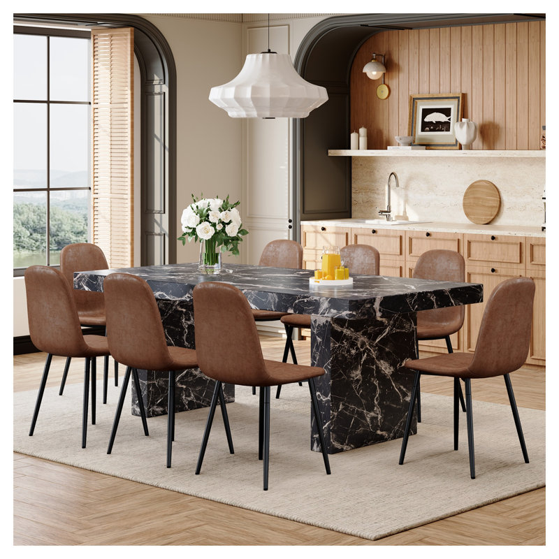 Ensemble de table de salle à manger 78,7 po en marbre noir luxueux avec 8 chaises en tissu technique brun - Mobilier de cuisine moderne