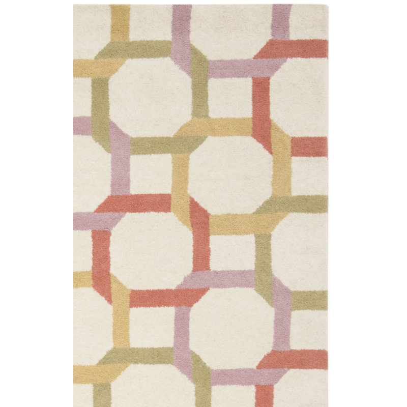 Tapis jaune / rouge / vert en laine touffeté à la main à motif géométrique, Rectangle 5 pi x 8 pi, Pivoine