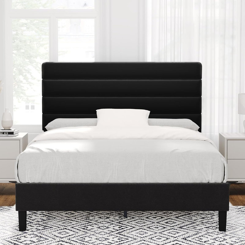 Cadre de lit avec tête de lit, cadre de lit plateforme avec tête de lit tapissier en velours, Double, Noir