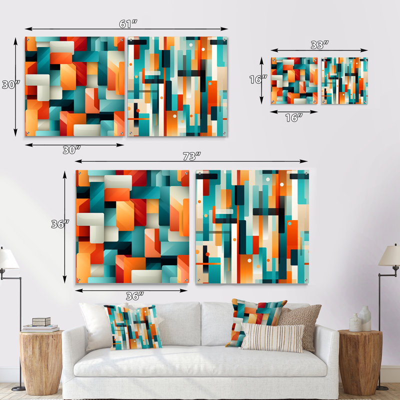 Orange et vert Popart Pop culture Pixels - formes abstraites en acrylique, ensemble d'art sur verre, ensemble de 2