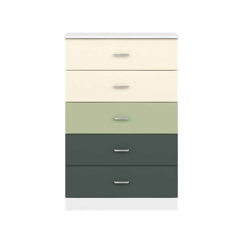 Commode 5 tiroirs Allyannah, Blanc / parchemin / vert sauge / vert chou frisé