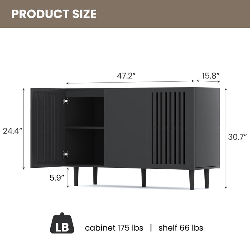 Buffet 47,2 "avec 3 portes de bricolage et tablette réglable, Noir