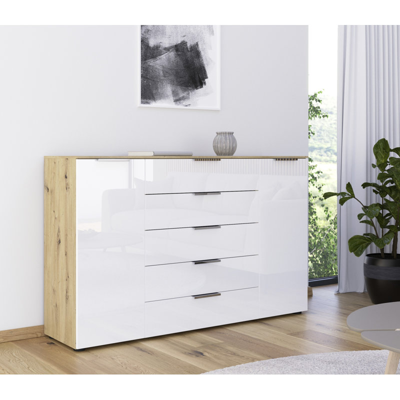 Flipp 5 - Drawer Chest of Drawers, Artisan Oak/White Glass/Chrome