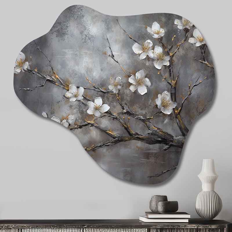 «White Grey Cherry Blossum Harmony II», art mural floral en métal, sculpture murale asymétrique en métal, H 28 po x l 25 po