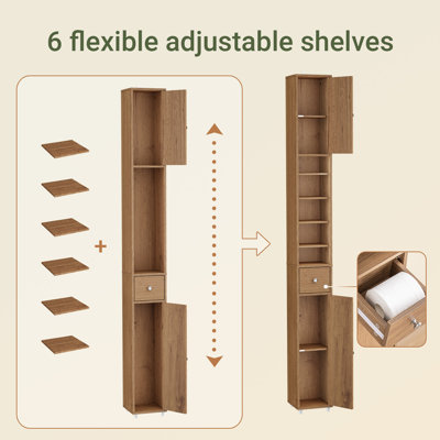 Bathroom Narrow Tall Storage Cabinet with 2 Doors, 1 Drawer, Natural