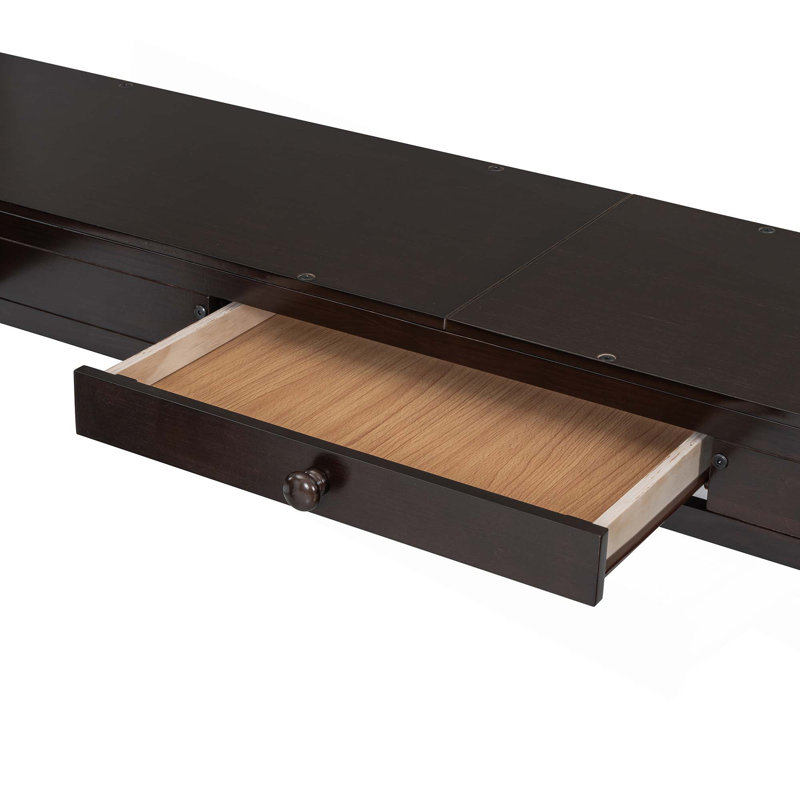 Lit mezzanine double en bois avec bureau en U, compartiments de rangement et miroir à trois volets, Espresso