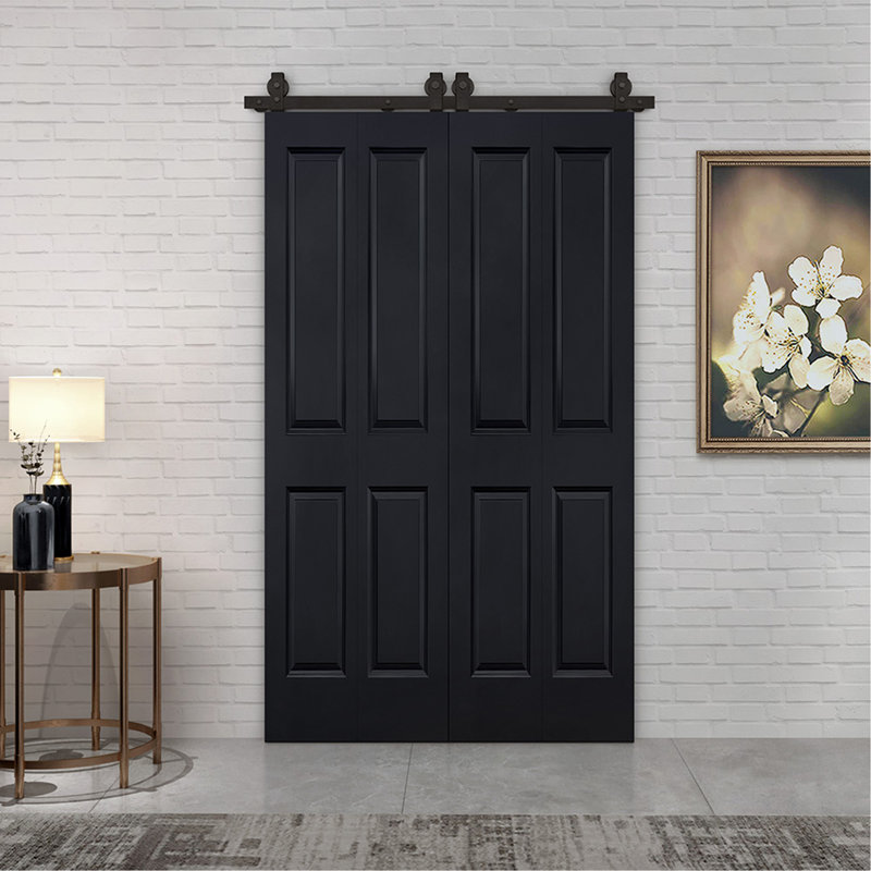 Ensemble de portes de grange composites à panneau double en bois aggloméré noir 72 po x 80 po à deux panneaux avec quincaillerie coulissante