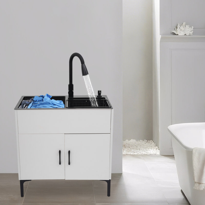 Laundry Sink With Pull-Out Faucet And Cabinet, Silver