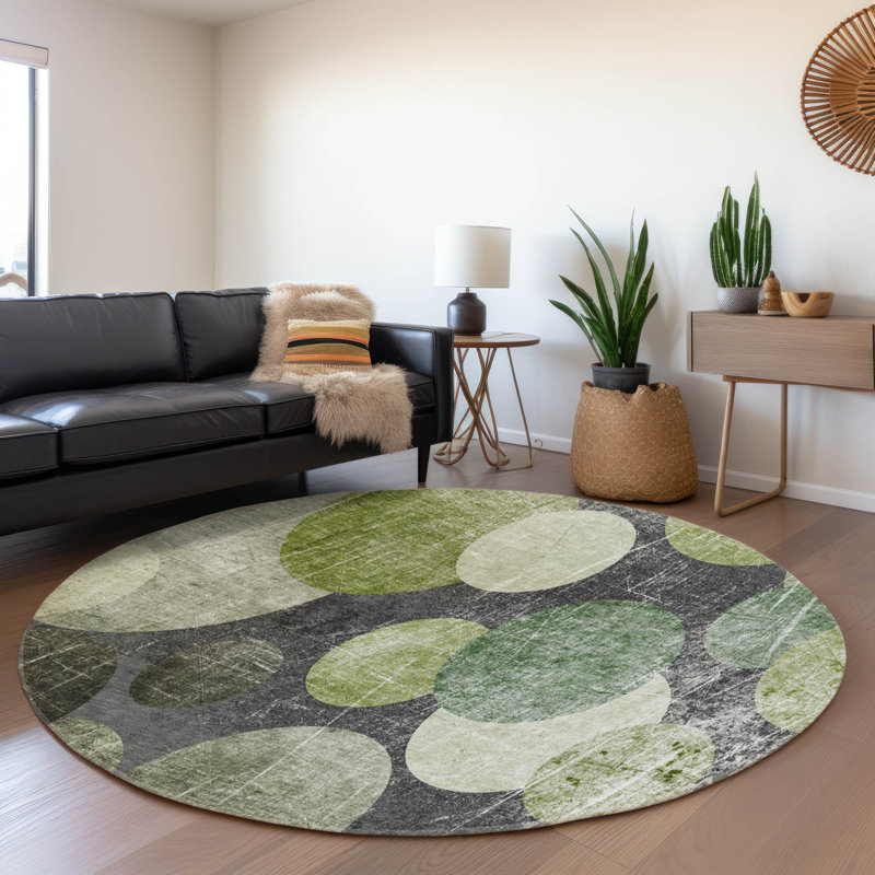 Premium Machine Washable Cerrito AMF556 Green Rug, Round 8'
