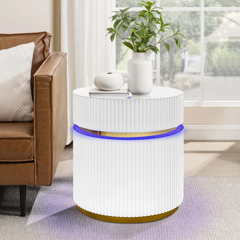 Table d'appoint ronde blanche de 19,5 po avec plateau en verre et lumières DEL Tavita