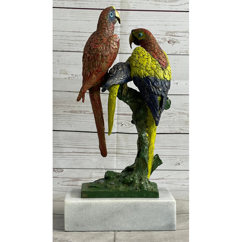 Handcrafted Brazilian Macaw Family Bronze Sculpture on White Marble Base
