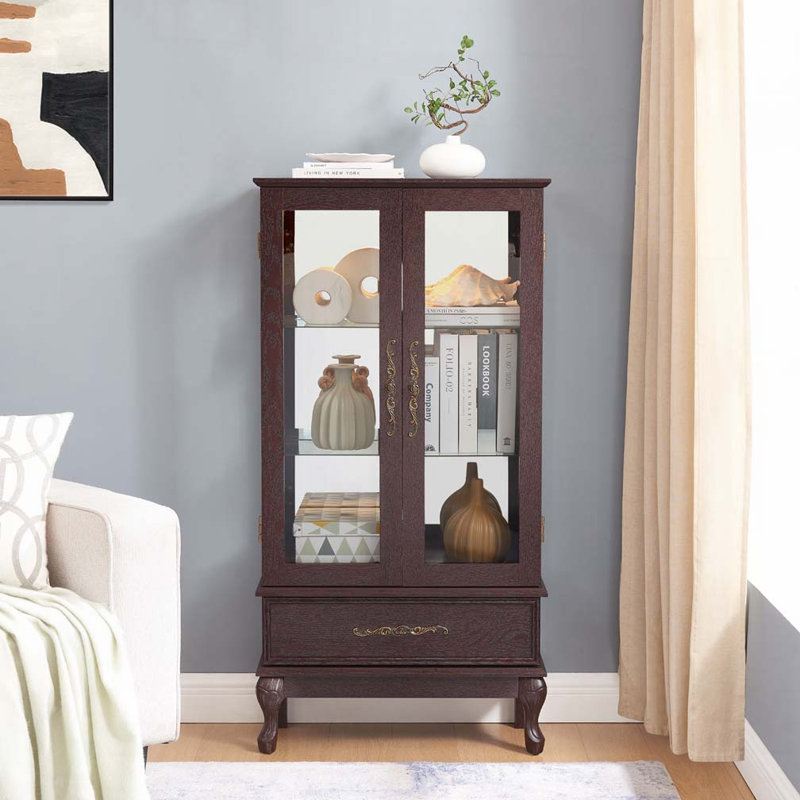 Cabinet Lighted Glass Cabinet Glass Wine Cabinet Curio Display Cabinet with Adjustable Glass Shelves 2 Doors and 1 drawer
