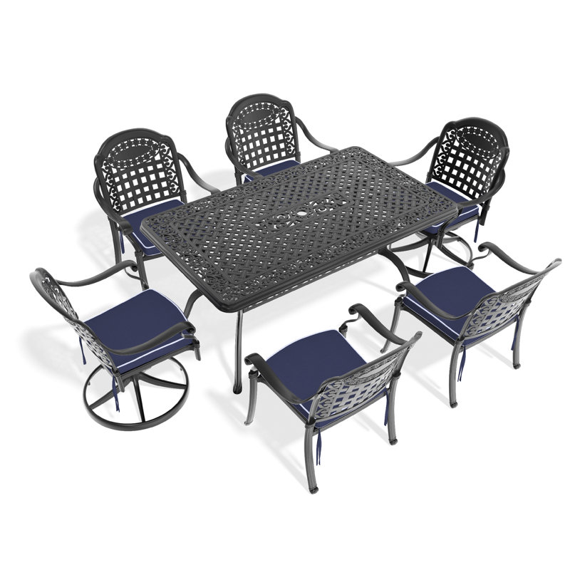 Ensemble de salle à manger toutes saisons avec chaises en aluminium, 2 tables pivotantes, 4 salles à manger, table rectangulaire, structure noire, siège pour 6 personnes, ensemble pivotant pour l'extérieur, noir pivotant