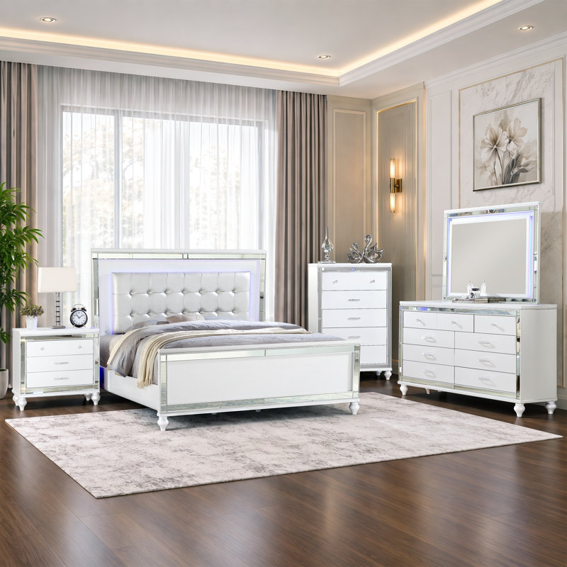 Denard Upholstered Standard 5 Piece Bedroom Set, White, Queen, 5 Pcs: Bed, 2 Dressers, Mirror, Nightstand