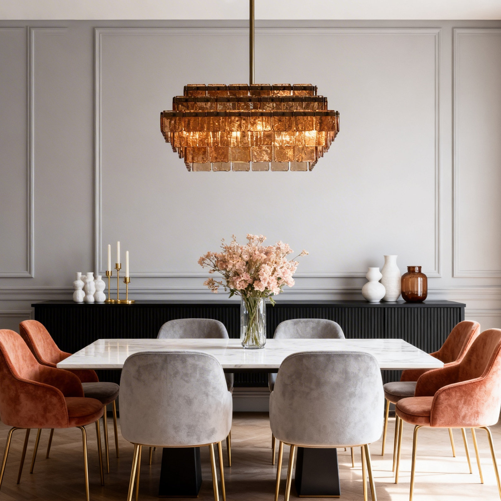 4-Light Layered Handmade Amber Glass Chandelier